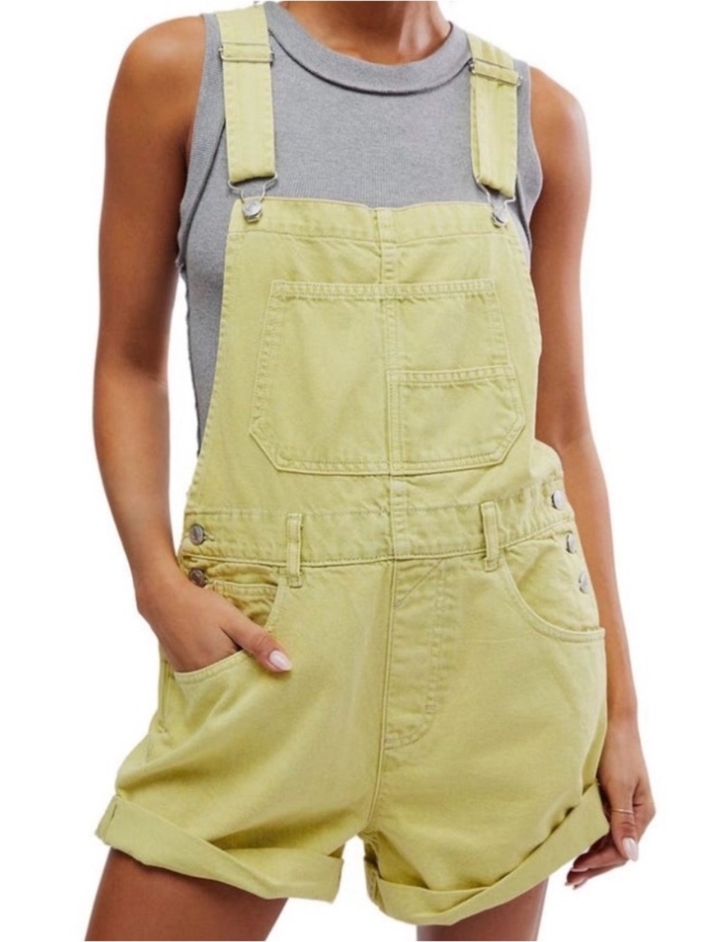 We The Free Lemon Yellow Denim Short Overalls